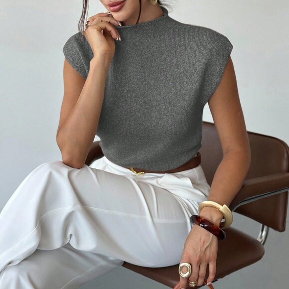 Dark Grey Women's Casual Elegant High Neck Sleeveless Knit Sweater Vest - Picture 3 of 7